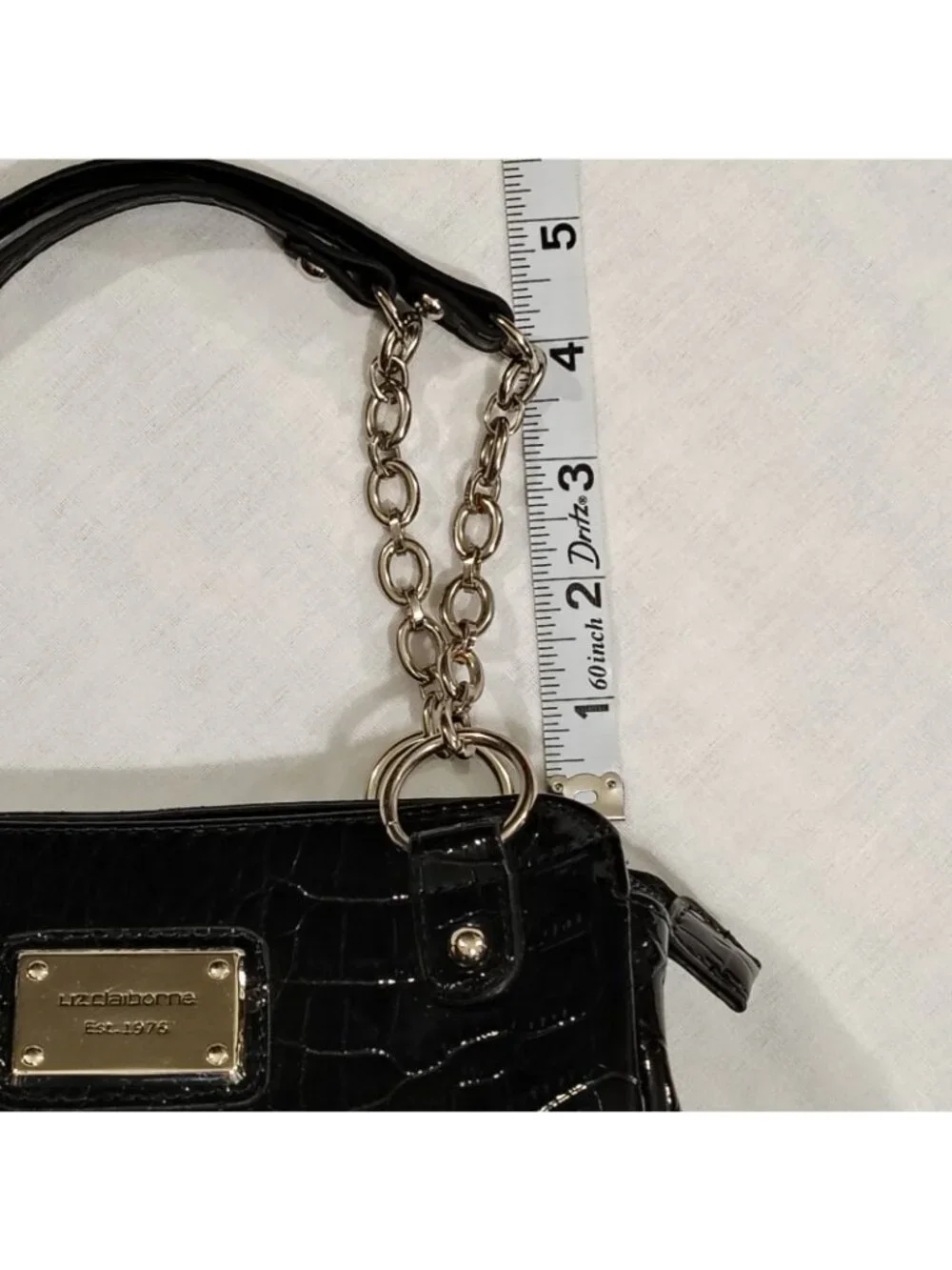 Liz Claiborne Handbag Purse Black 9"x6" Faux Croc Leather Shiny Pockets Chain - Picture 13 of 16